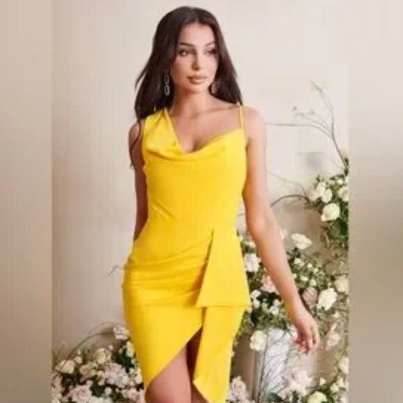 Lavish Alice Emma‎ Cowl Neck Mini Wrap Formal Cocktail Dress in Yellow NWT Sz 14 - Picture 1 of 12